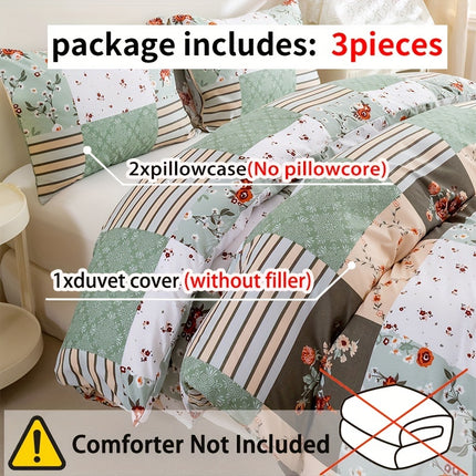 3pcs Green Plaid Floral Duvet Cover Set - All-Season Bedding