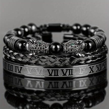 Men's Black Agate Leopard Head Bracelet Set