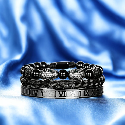Men's Black Agate Leopard Head Bracelet Set
