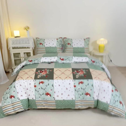 3pcs Green Plaid Floral Duvet Cover Set - All-Season Bedding