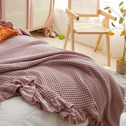 Ultra-Soft Waffle Knit Throw Blanket with Lace Trim