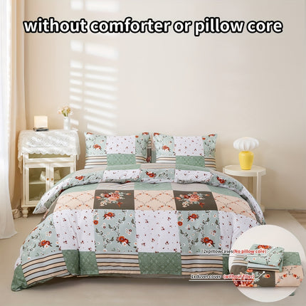 3pcs Green Plaid Floral Duvet Cover Set - All-Season Bedding