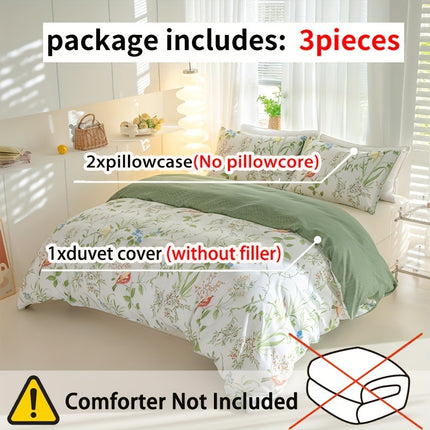 3pcs Flower and Bird Print Quilt Cover Set