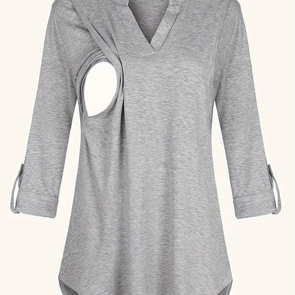 Solid Color V-Neck 3/4 Sleeve Nursing Top