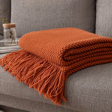 Warm Orange Tassel Knitted Throw Blanket - Stylish & Cozy
