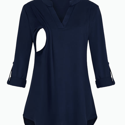 Solid Color V-Neck 3/4 Sleeve Nursing Top