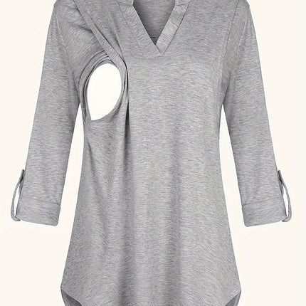 Solid Color V-Neck 3/4 Sleeve Nursing Top