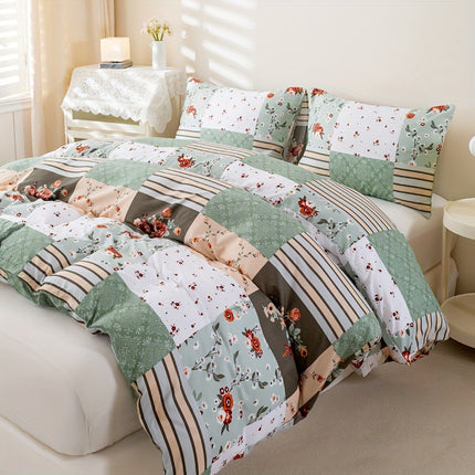 3pcs Green Plaid Floral Duvet Cover Set - All-Season Bedding
