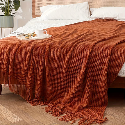 Warm Orange Tassel Knitted Throw Blanket - Stylish & Cozy