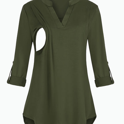 Solid Color V-Neck 3/4 Sleeve Nursing Top