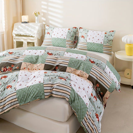 3pcs Green Plaid Floral Duvet Cover Set - All-Season Bedding