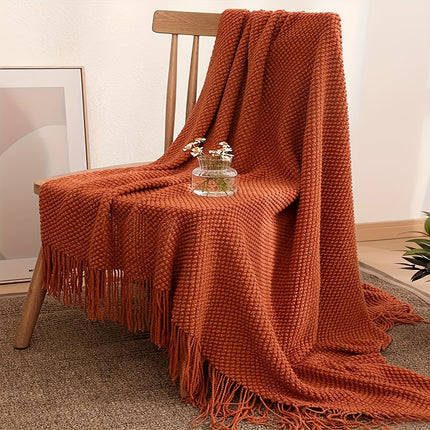Warm Orange Tassel Knitted Throw Blanket - Stylish & Cozy