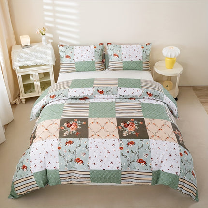 3pcs Green Plaid Floral Duvet Cover Set - All-Season Bedding