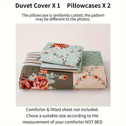 3pcs Green Plaid Floral Duvet Cover Set - All-Season Bedding