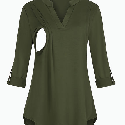 Solid Color V-Neck 3/4 Sleeve Nursing Top