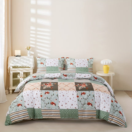 3pcs Green Plaid Floral Duvet Cover Set - All-Season Bedding