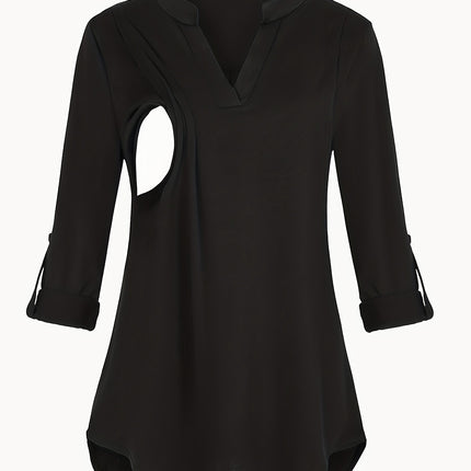 Solid Color V-Neck 3/4 Sleeve Nursing Top