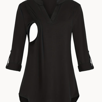 Solid Color V-Neck 3/4 Sleeve Nursing Top