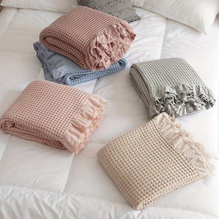Ultra-Soft Waffle Knit Throw Blanket with Lace Trim