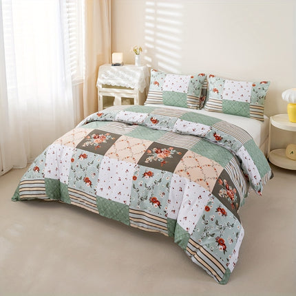 3pcs Green Plaid Floral Duvet Cover Set - All-Season Bedding
