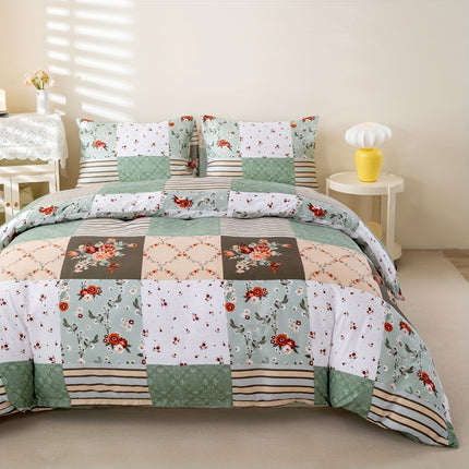 3pcs Green Plaid Floral Duvet Cover Set - All-Season Bedding
