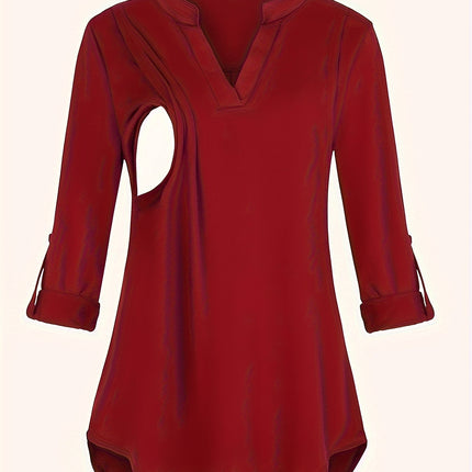 Solid Color V-Neck 3/4 Sleeve Nursing Top