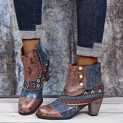 Floral Pattern Chunky Heel Ankle Boots