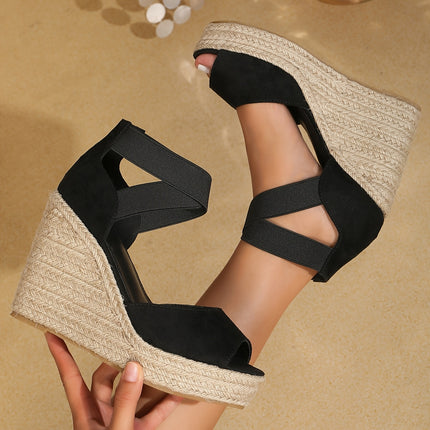 Elegant Black Peep-Toe Wedge Sandals