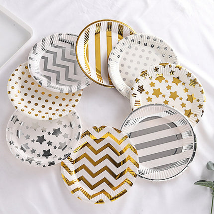 Elegant Golden & Silvery Foil Birthday Cake Plates Set