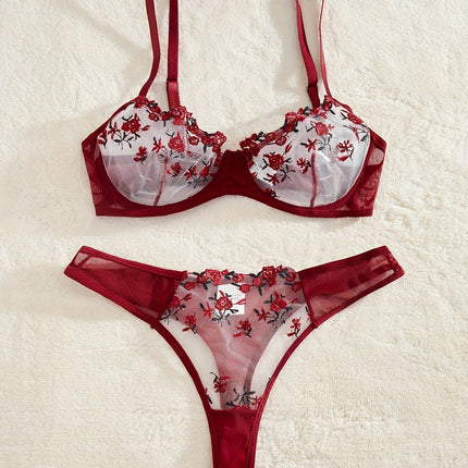Floral Embroidery Mesh Lingerie Set