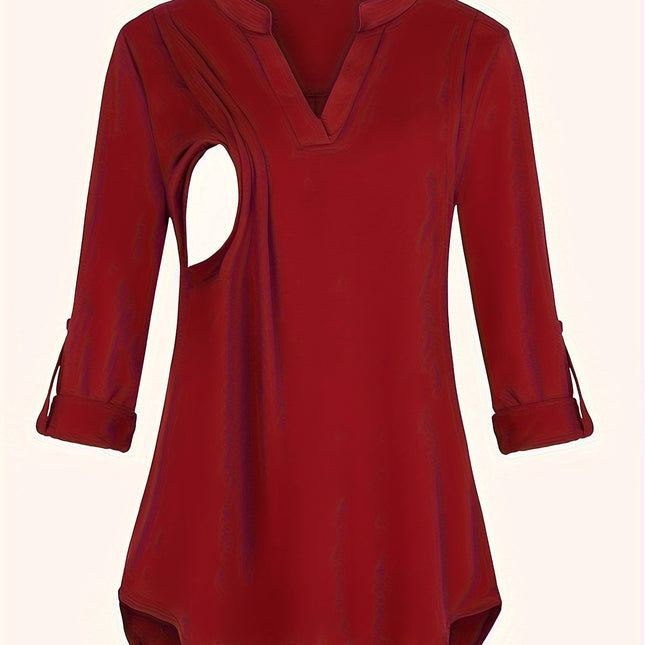 Solid Color V-Neck 3/4 Sleeve Nursing Top