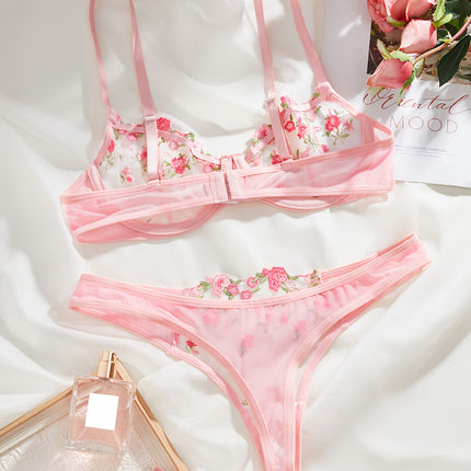Floral Embroidery Mesh Lingerie Set