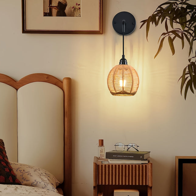Boho Chic Hand-Woven Rattan Wall Lamp - Farmhouse Style