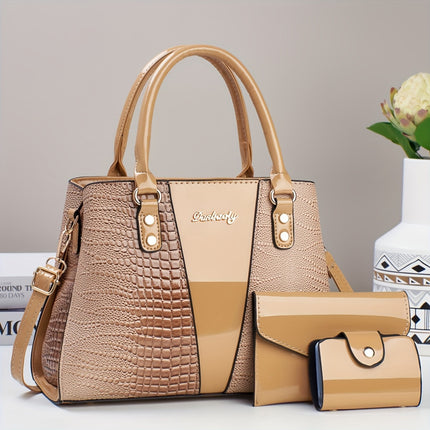3pcs Crocodile Pattern Faux Leather Satchel