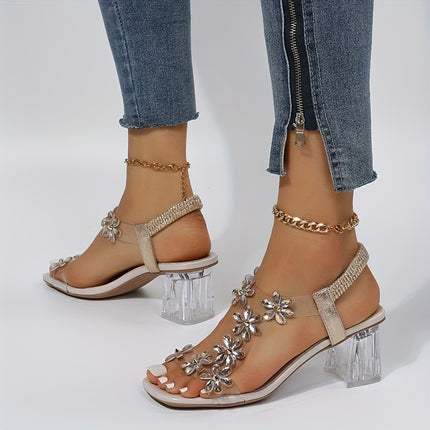 Floral Rhinestone Chunky Heels – Stylish & Comfortable