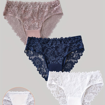 3pcs Solid Lace Briefs, Comfy & Breathable
