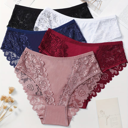 5pcs Cotton Lace Briefs, Mid Rise