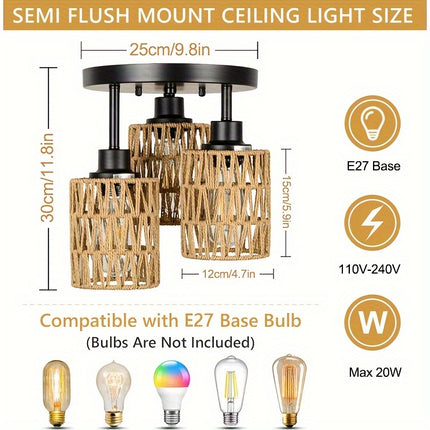Boho Chic 3-Flame Rattan Ceiling Lamp – Vintage Bamboo Design