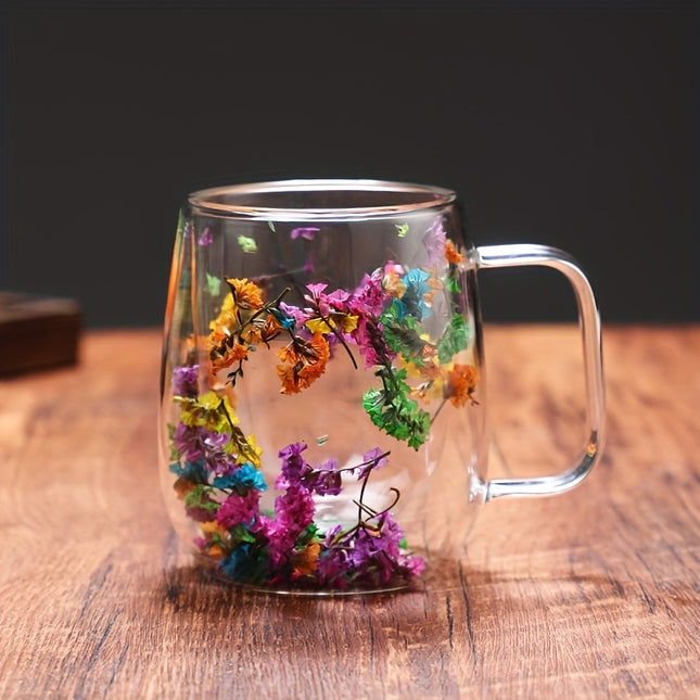 Real Flower Double-Layer Glass Coffee Cup - Elegant Gift