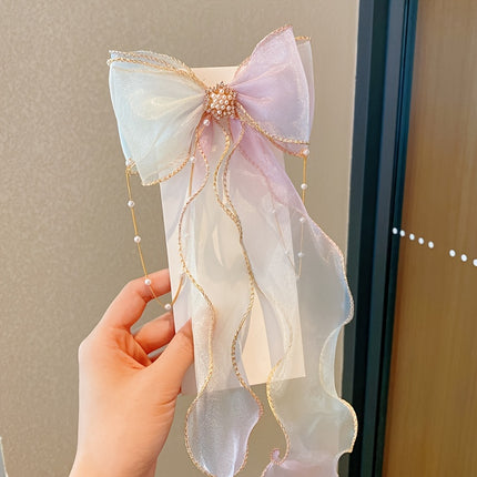 Cute Mesh Bow Ribbon Hair Clips – Faux Pearl Tassel