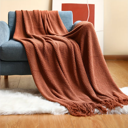 Knitted Throw Blanket with Tassels - Lightweight & Cozy