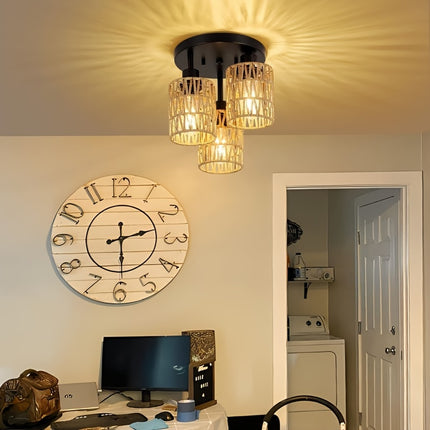 Boho Chic 3-Flame Rattan Ceiling Lamp – Vintage Bamboo Design