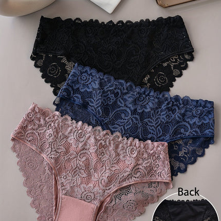 3pcs Solid Lace Briefs, Comfy & Breathable