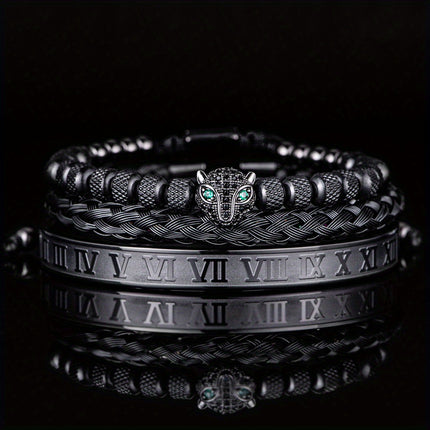 3pcs Men's Braided & Roman Numeral Bracelet Set