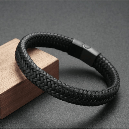 Men's Black Woven Leather Bracelet