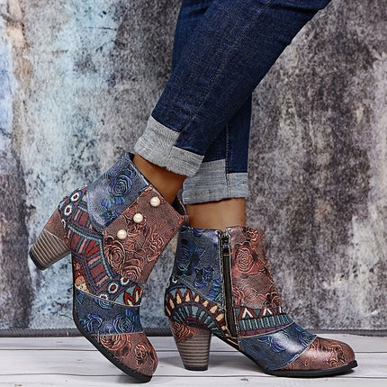 Floral Pattern Chunky Heel Ankle Boots