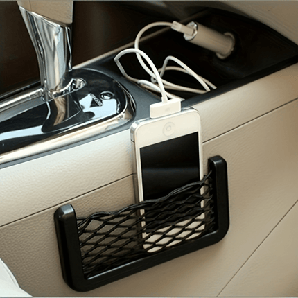 Adjustable Car Storage Net Pocket - Sleek Black, Easy Install for Phone & Cards