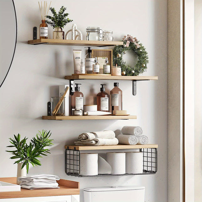 Wooden Floating Shelves with Basket