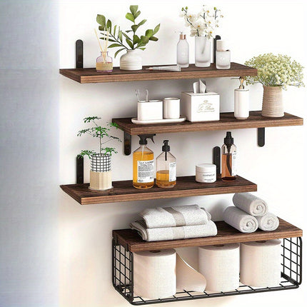 Wooden Floating Shelves with Basket