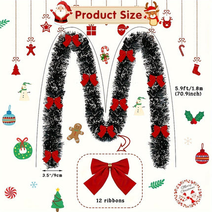 Sparkling Tinsel Garland – Festive Magic with Red Bows - Monti Bargains